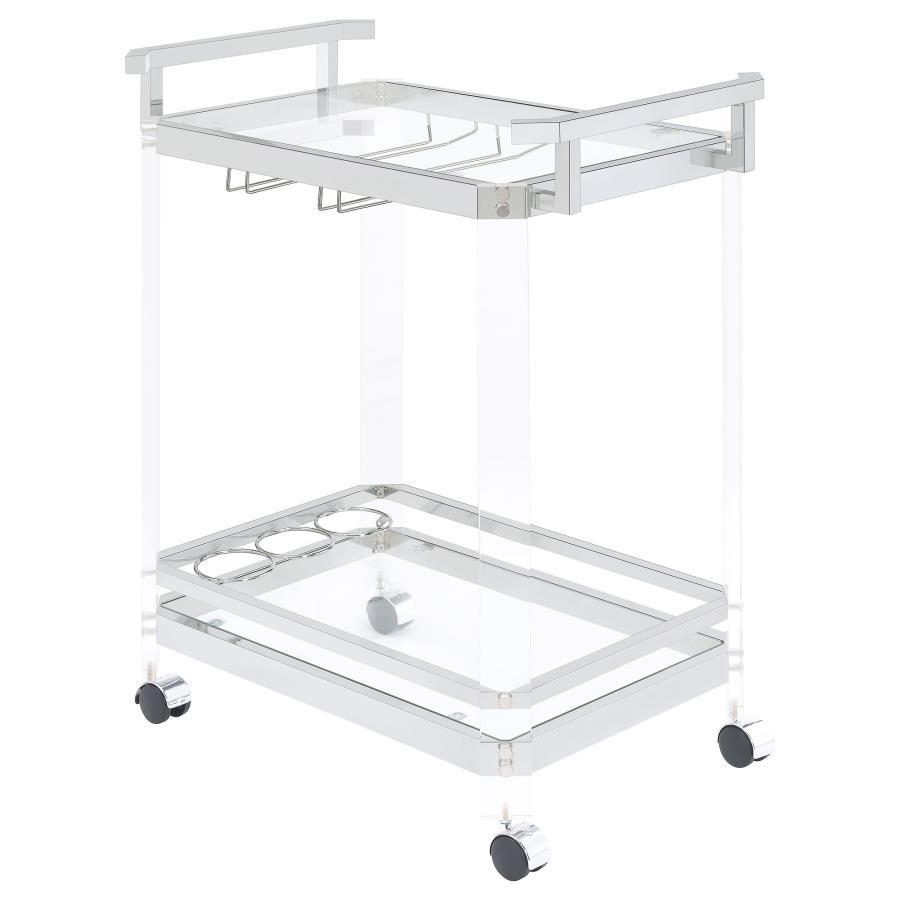 Jefferson - 2 - Tier Glass Shelf Acrylic Bar Cart - Chrome Bar Carts by CoasterEssence - Walls Furniture & Mattress