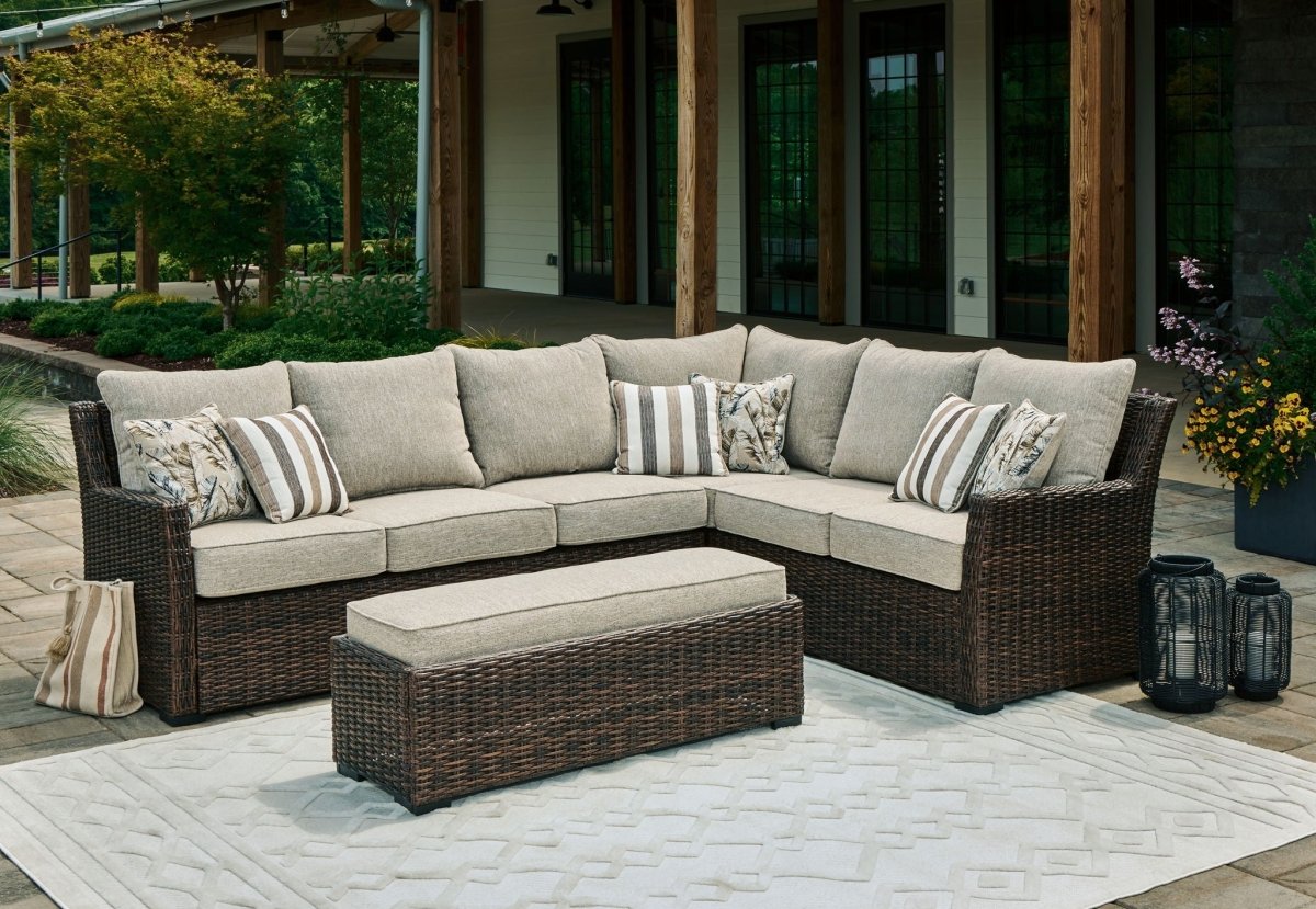 Brook Ranch - Sofa Sectional, Bench With Cushion (Set of 3) - Brown 3 Piece Outdoor Sets by Signature Design by Ashley® - Walls Furniture & Mattress