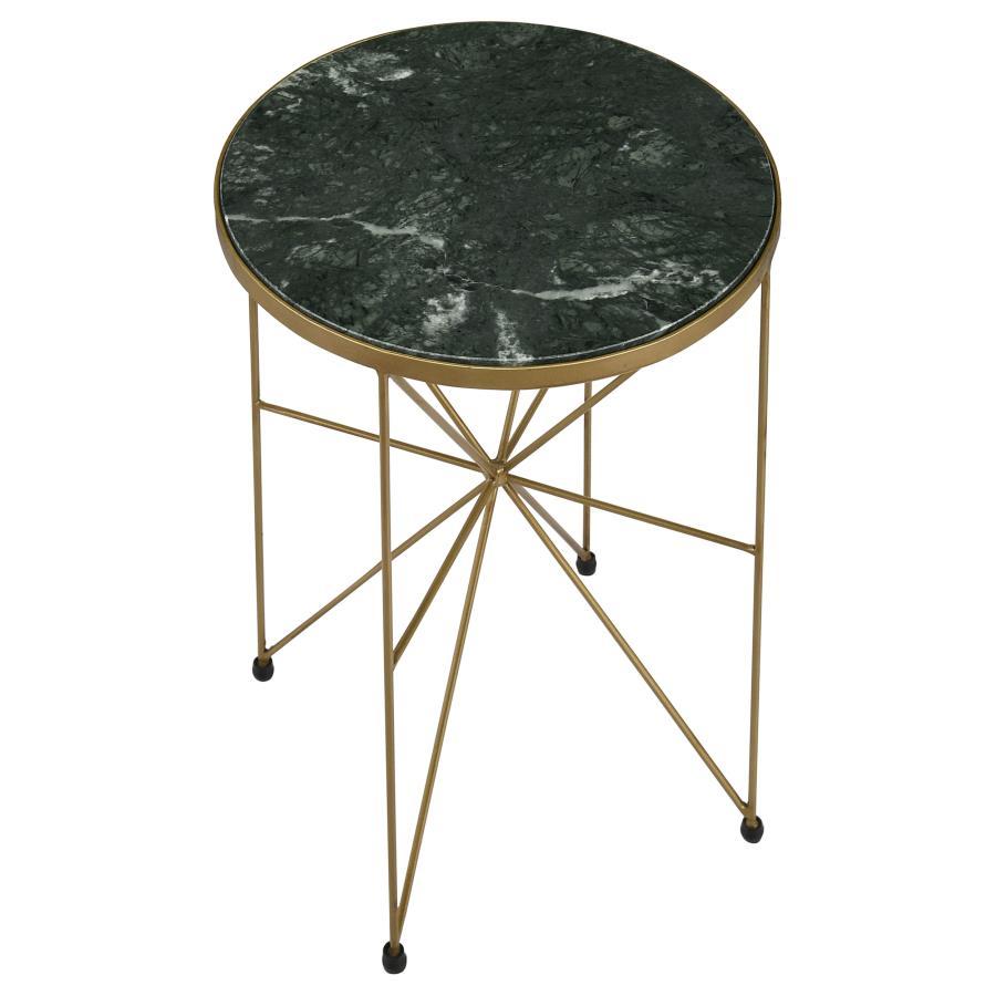 Eliska - Round Green Marble Top Accent Side Table - Antique Gold Side Tables by CoasterEssence - Walls Furniture & Mattress