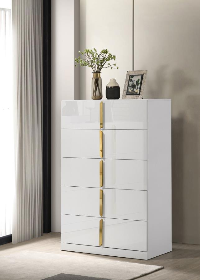 Ines - 5 - Drawer Bedroom Chest Of Drawers - White High Gloss Accent Chests by Coaster Fine Furniture - Walls Furniture & Mattress