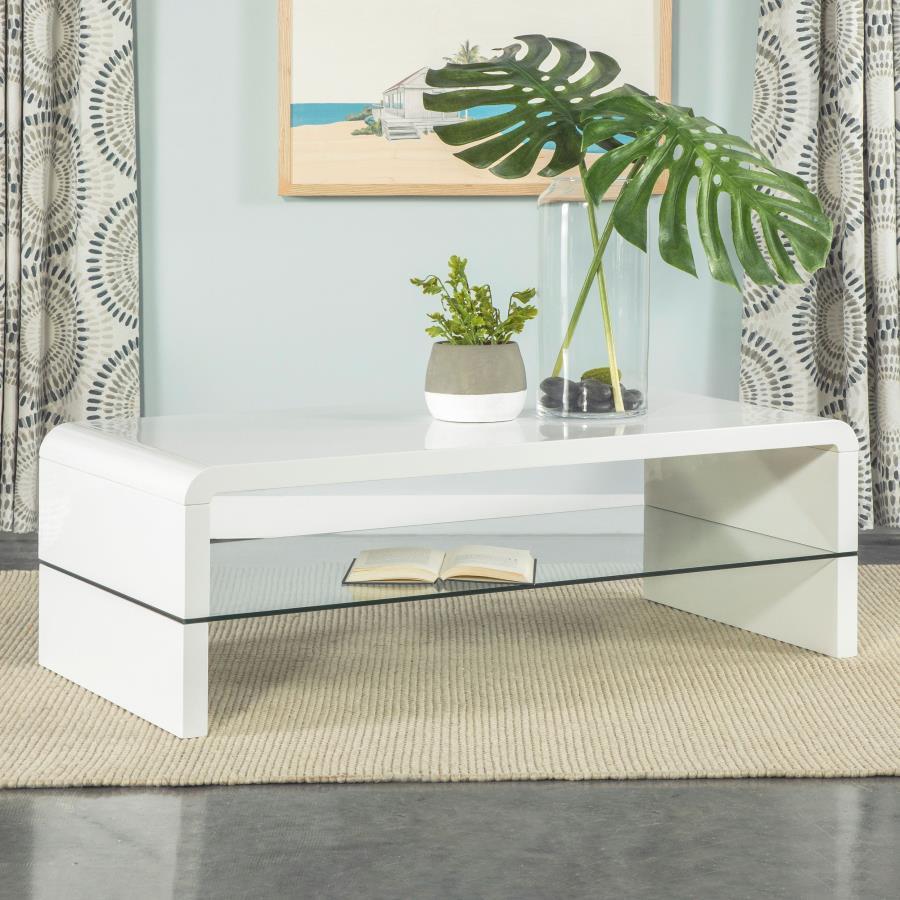 Airell - Rectangular Coffee Table With Shelf - White High Gloss Coffee Tables by CoasterEssence - Walls Furniture & Mattress