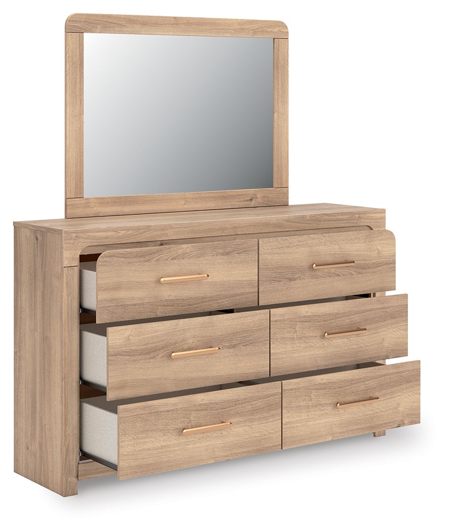 Kinlanni - 4 Pc. - Queen Panel Bed, Dresser, Mirror And Nightstand - Tan 4 Piece Bedroom Sets by Signature Design by Ashley® - Walls Furniture & Mattress