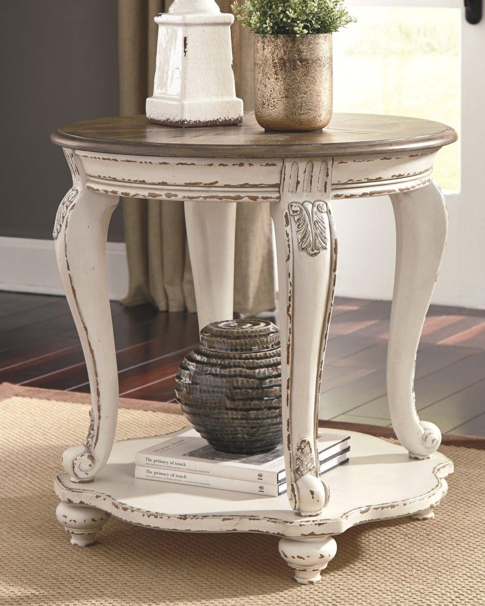 Realyn - Round End Table - White / Brown End Tables by Signature Design by Ashley® - Walls Furniture & Mattress