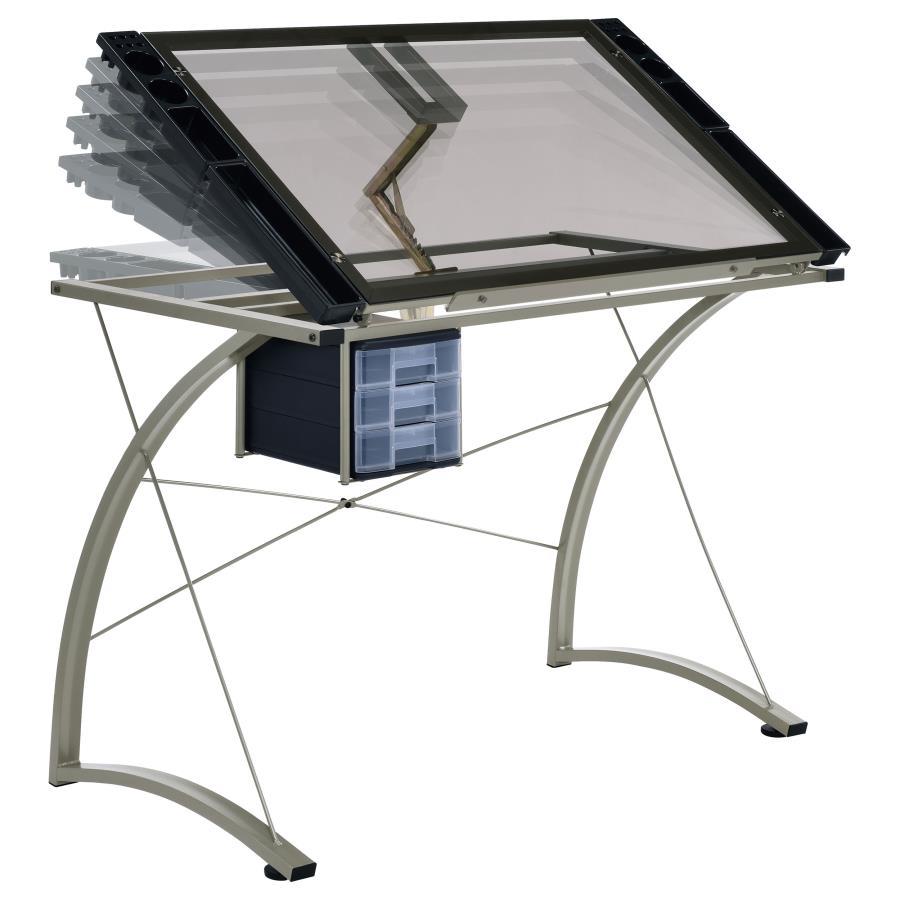 Melo - Glass Top Drafting Table With Storage - Silver Writing Desks by CoasterEveryday - Walls Furniture & Mattress
