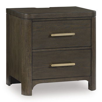 Radkin - Two Drawer Night Stand - Burnished Brown Nightstands w/ Charging Stations by Signature Design by Ashley® - Walls Furniture & Mattress