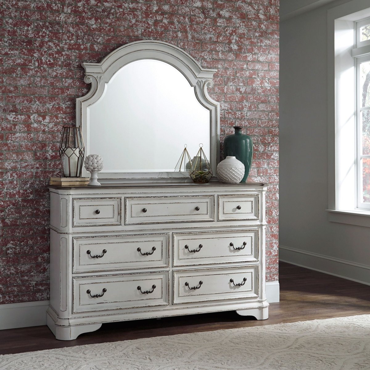 Magnolia Manor - Dresser & Arched Mirror - White Dresser & Mirror by Liberty Furniture - Walls Furniture & Mattress