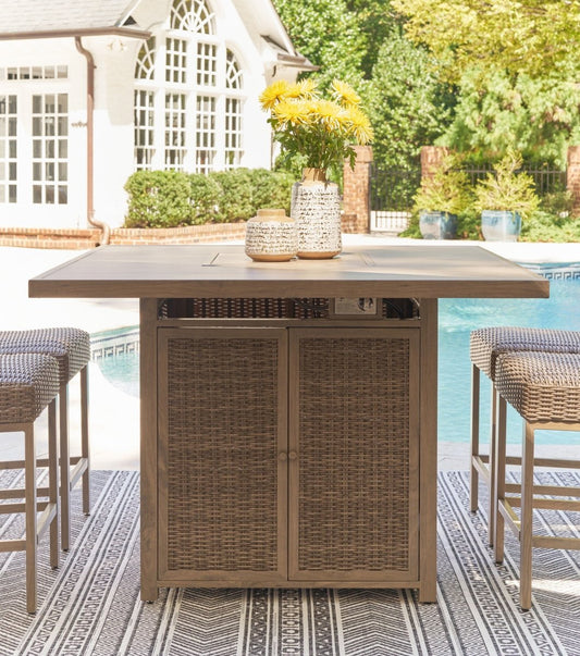 Walton Bridge - 5 Pc. - Square Bar Table W/Fire Pit, 4 Barstools - Driftwood 5 Piece Outdoor Sets by Signature Design by Ashley® - Walls Furniture & Mattress