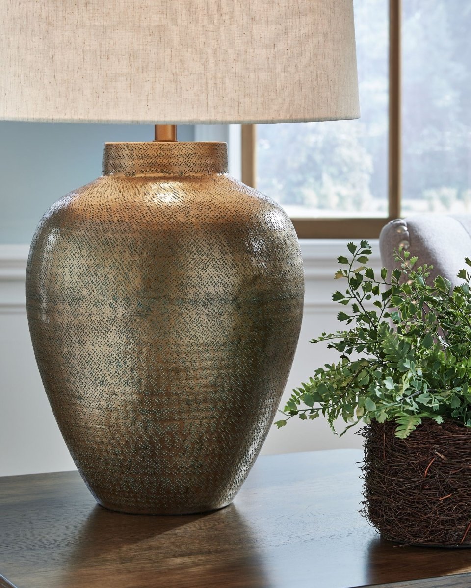 Madney - Metal Table Lamp - Antique Gold Finish Table Lamps by Signature Design by Ashley® - Walls Furniture & Mattress