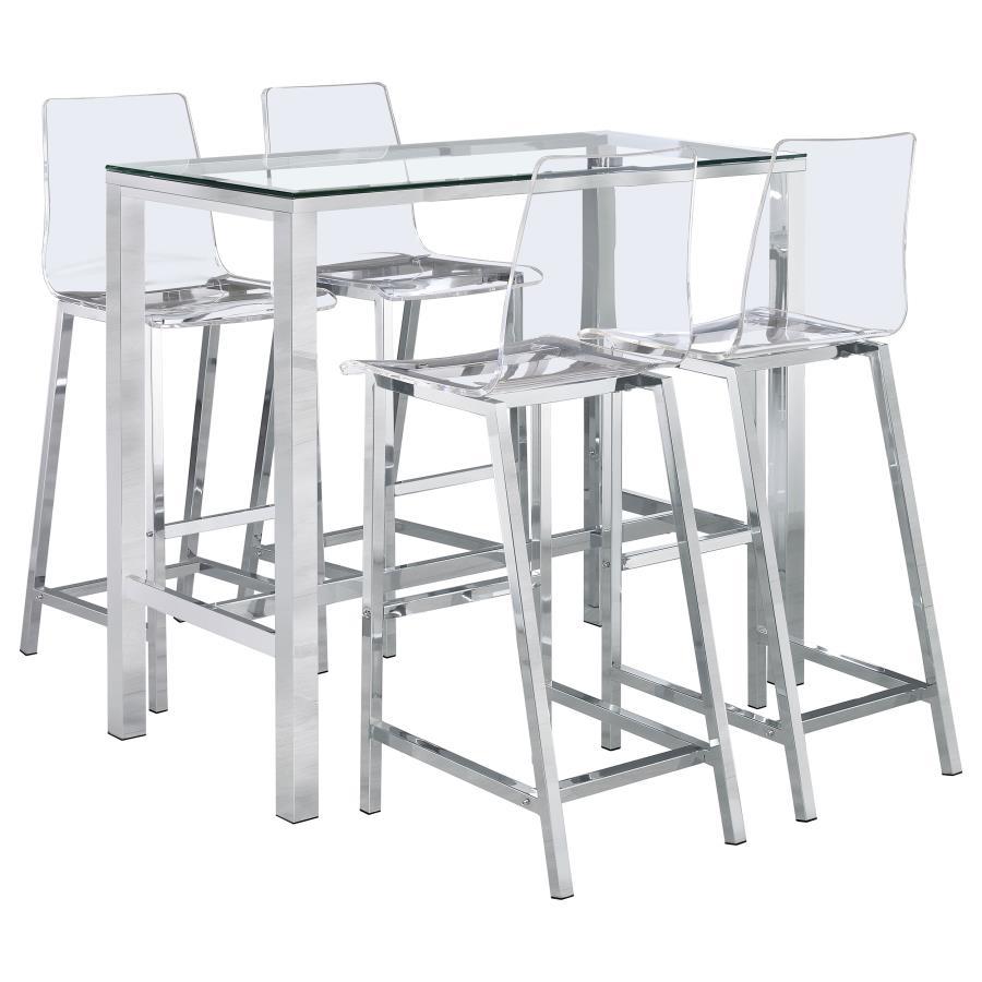 Tolbert - 5 Piece Bar Set With Acrylic Chairs - Clear And Chrome 5 Piece Dining Room Sets by Coaster Fine Furniture - Walls Furniture & Mattress