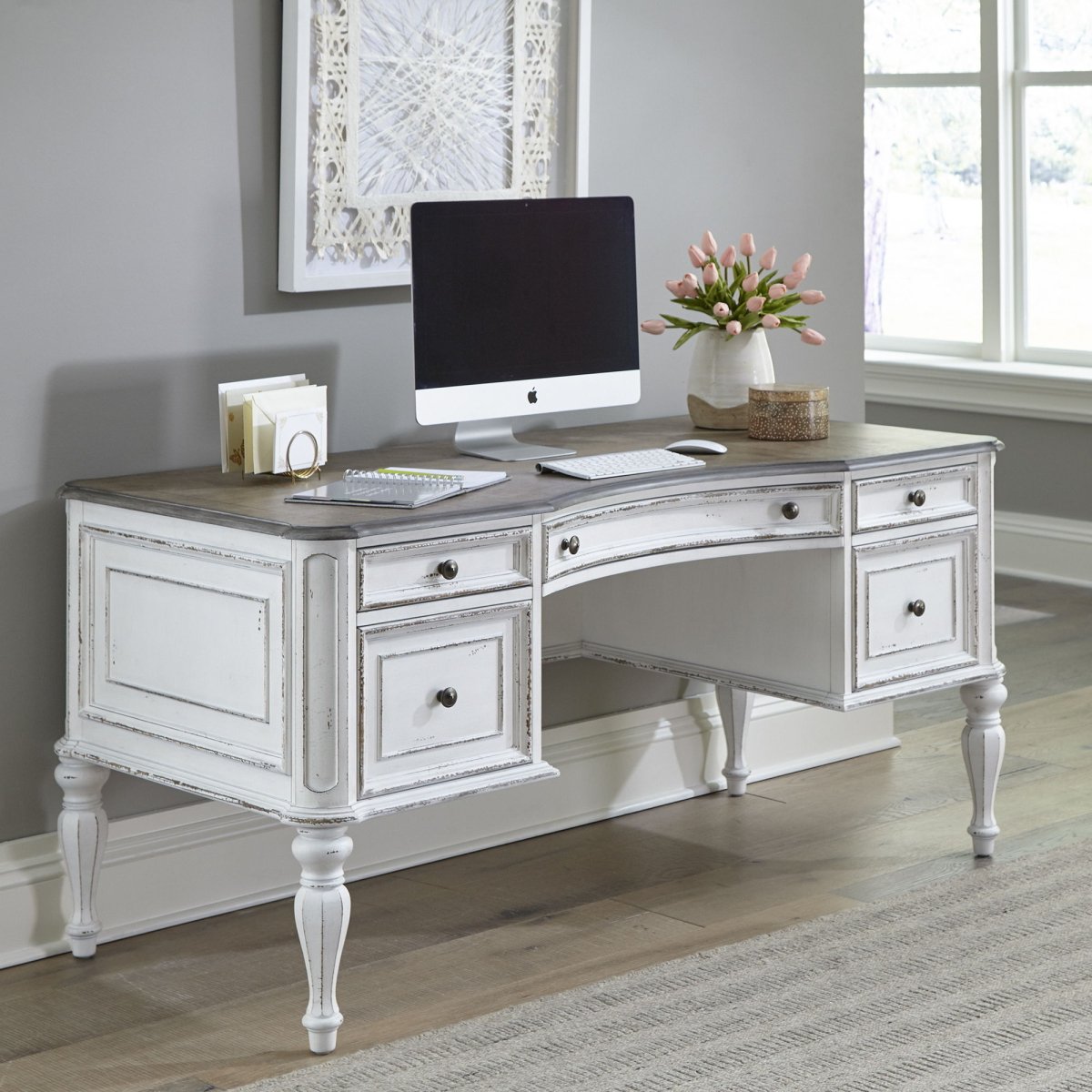 Magnolia Manor - Writing Desk - Antique White & Weathered Bark Writing Desks by Liberty Furniture - Walls Furniture & Mattress