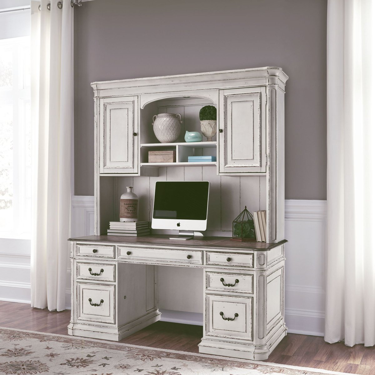 Magnolia Manor - Credenza & Hutch - White & Brown Credenzas & Hutches by Liberty Furniture - Walls Furniture & Mattress