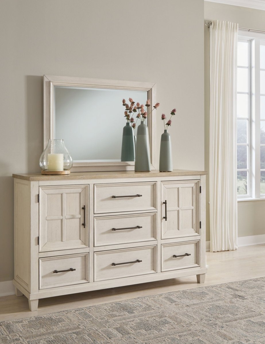 Shaybrock - Dresser And Mirror - Antique White / Brown Dresser & Mirror by Benchcraft® - Walls Furniture & Mattress