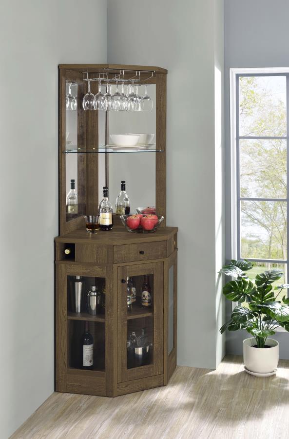 Alviso - 1 - Drawer Corner Home Bar Wine Cabinet - Rustic Oak Wine Cabinets by CoasterEveryday - Walls Furniture & Mattress