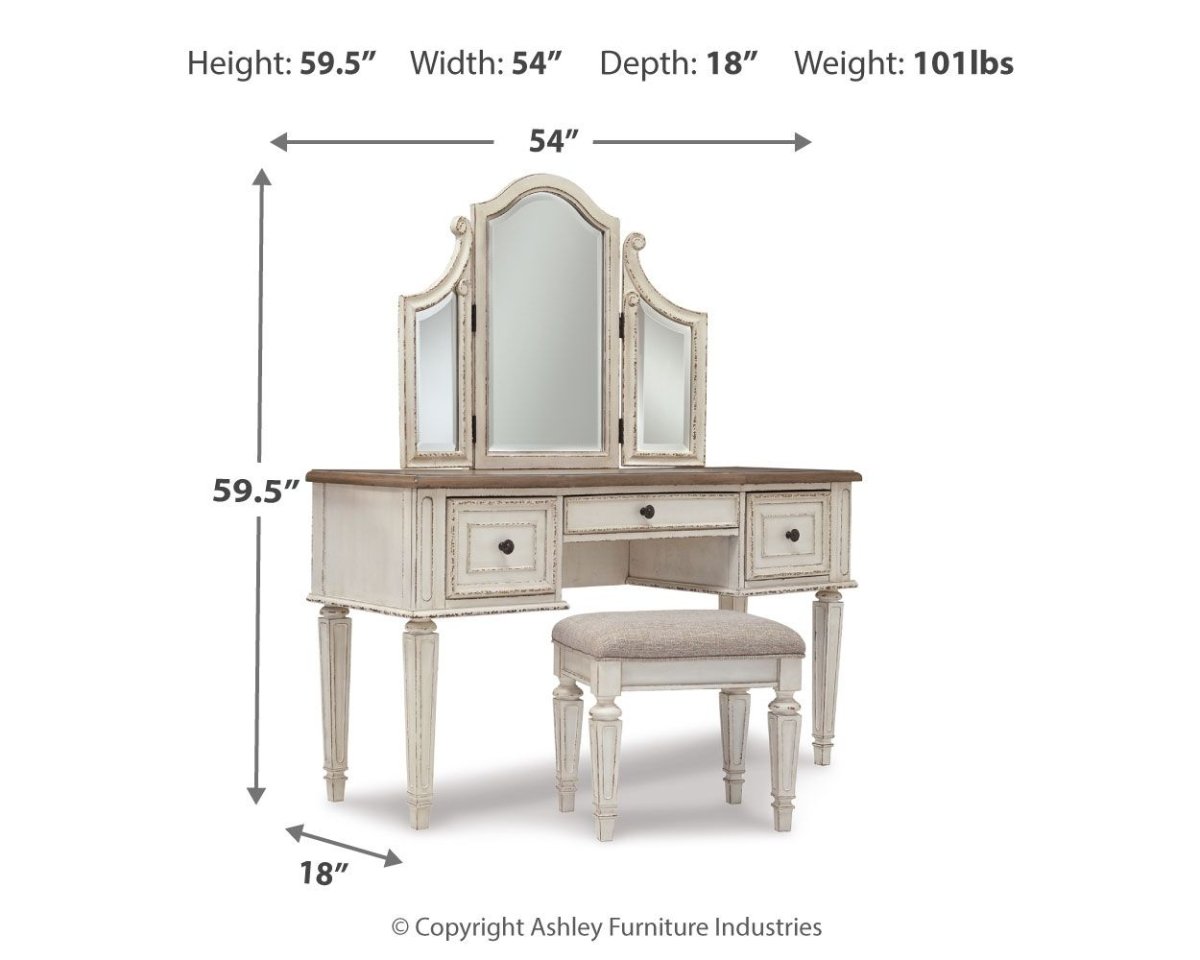 Realyn - Vanity/Mirror/Stool (Set of 3) - White / Brown / Beige Vanity Sets by Signature Design by Ashley® - Walls Furniture & Mattress