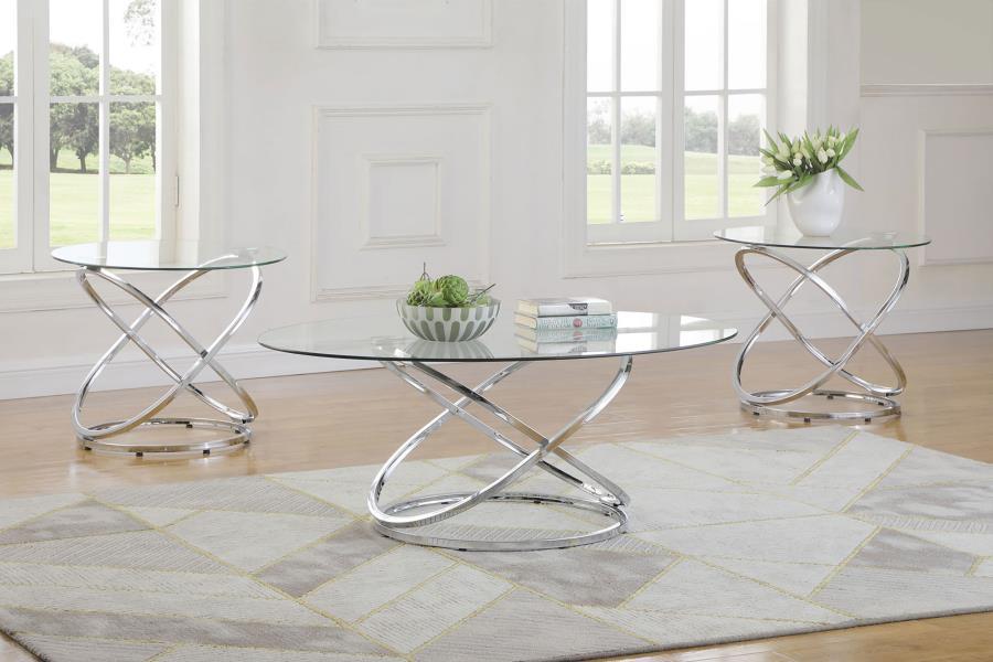 Warren - 3 Piece Oval Glass Top Coffee Table Set - Chrome Table Sets by CoasterEssence - Walls Furniture & Mattress