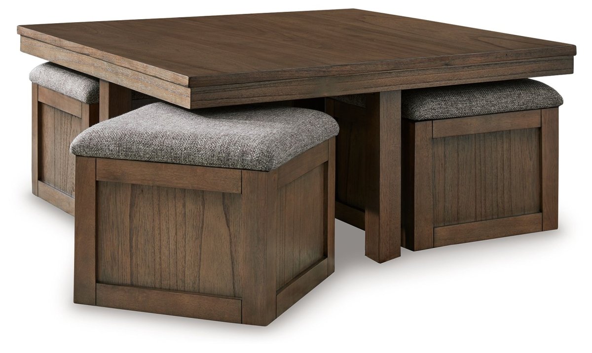 Boardernest - Cocktail Table With 4 Stools (Set of 5) - Brown 5 Piece Living Room Sets by Signature Design by Ashley® - Walls Furniture & Mattress
