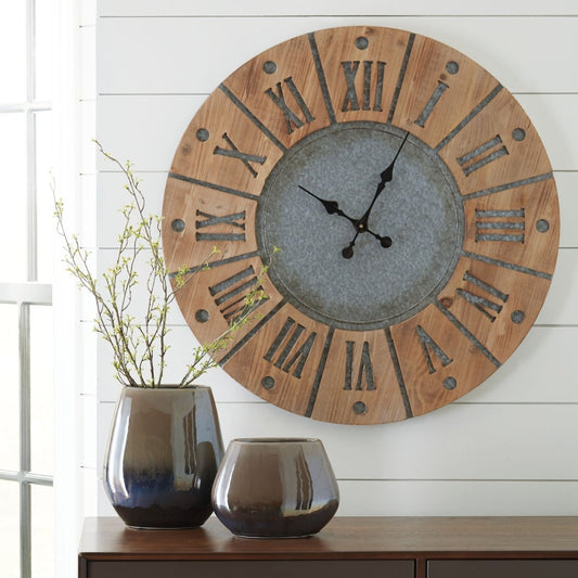 Payson - Wall Clock - Antique Gray / Natural Wall Clocks by Signature Design by Ashley® - Walls Furniture & Mattress