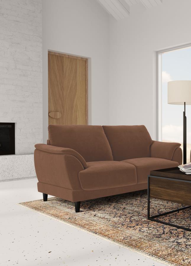 Selma - Velvet Upholstered Crescent Arm Loveseat - Rust Stationary Loveseats by Coaster Fine Furniture - Walls Furniture & Mattress