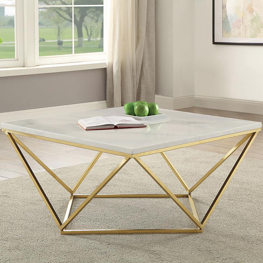 Meryl - Square Faux Marble Top Coffee Table - White And Gold Coffee Tables by CoasterEssence - Walls Furniture & Mattress