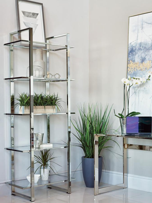 Hartford - 5 - Shelf Glass Bookshelf - Chrome Standard Bookcases by CoasterEssence - Walls Furniture & Mattress