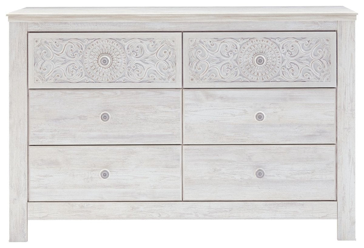 Paxberry - Six Drawer Dresser - Medallion Drawer Pulls - Whitewash Dressers by Signature Design by Ashley® - Walls Furniture & Mattress