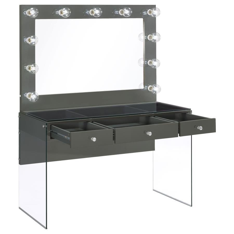 Afshan - 3 - Drawer Vanity Set With Lighting - Gray High Gloss Vanity Sets by CoasterEssence - Walls Furniture & Mattress