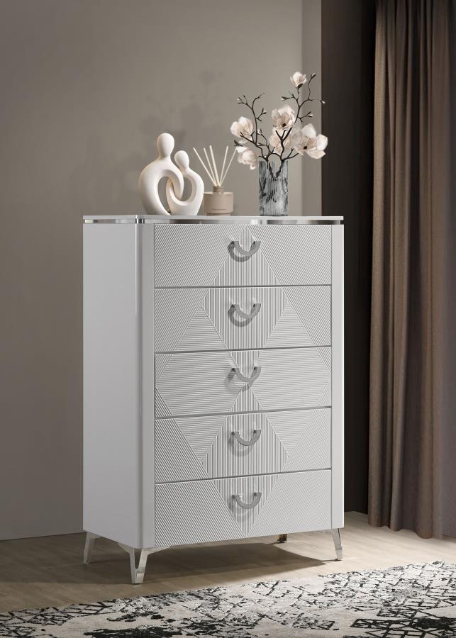 Cassia - 5 - Drawer Bedroom Chest Of Drawers - White High Gloss Accent Chests by Coaster Fine Furniture - Walls Furniture & Mattress
