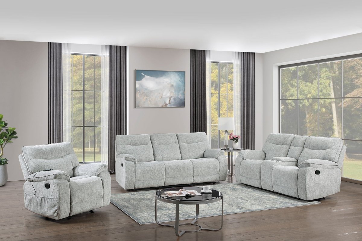 Chablis - 3 Piece Manual Sofa & Loveseat & Chair - Mist Gray Reclining Sectionals by New Classic - Walls Furniture & Mattress