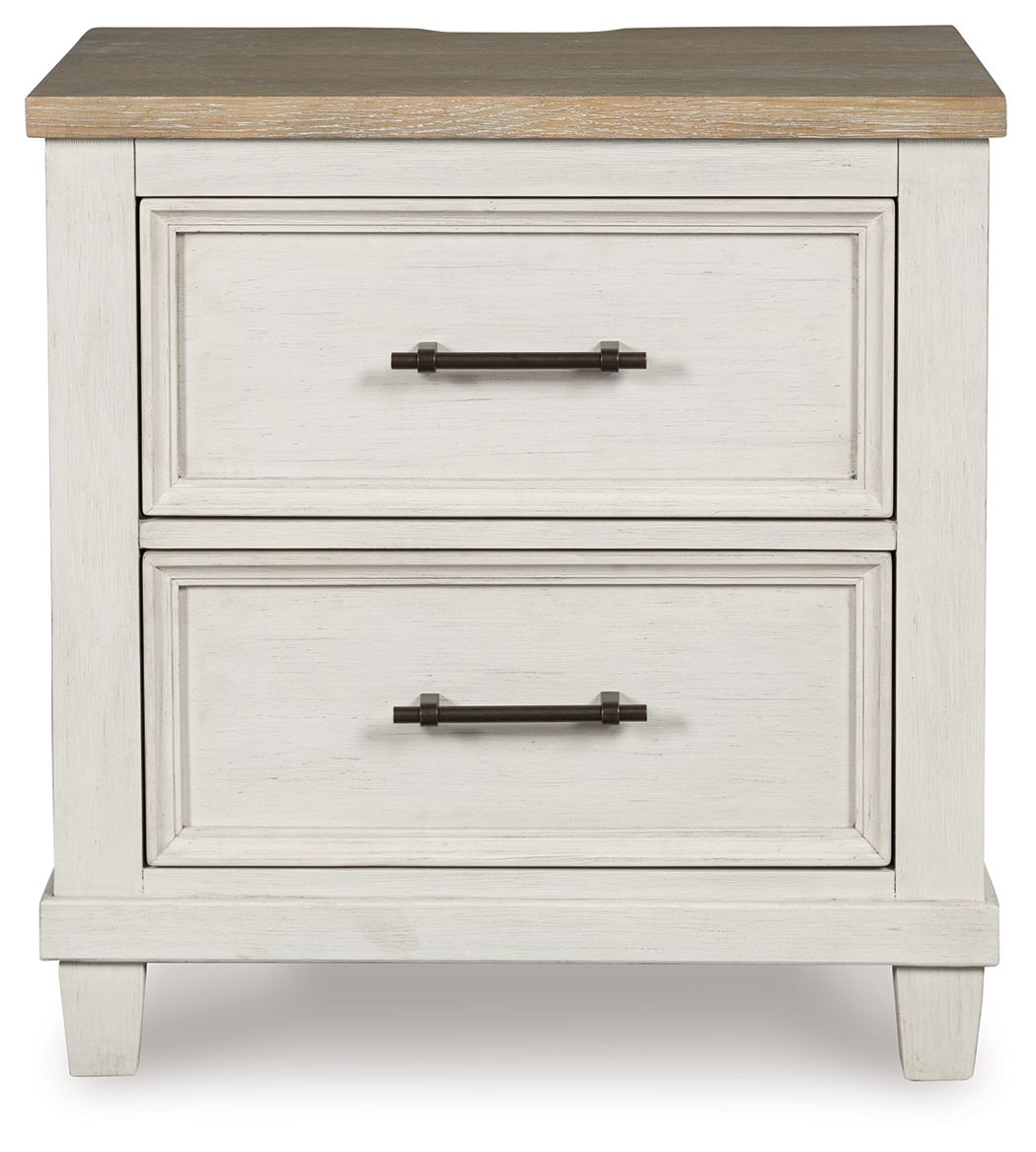 Shaybrock - Two Drawer Night Stand - Antique White / Brown Nightstands w/ Charging Stations by Benchcraft® - Walls Furniture & Mattress