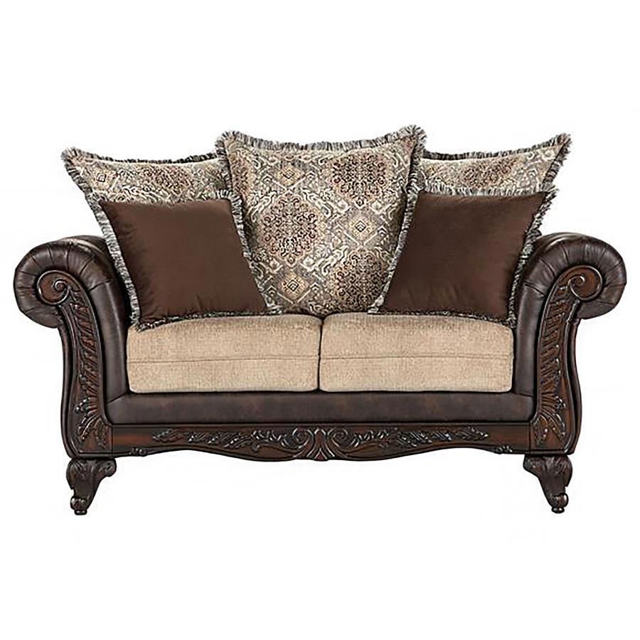 Elmbrook - Upholstered Rolled Arm Sofa Set With Intricate Wood Stationary Sofas & Loveseats by Coaster Fine Furniture - Walls Furniture & Mattress