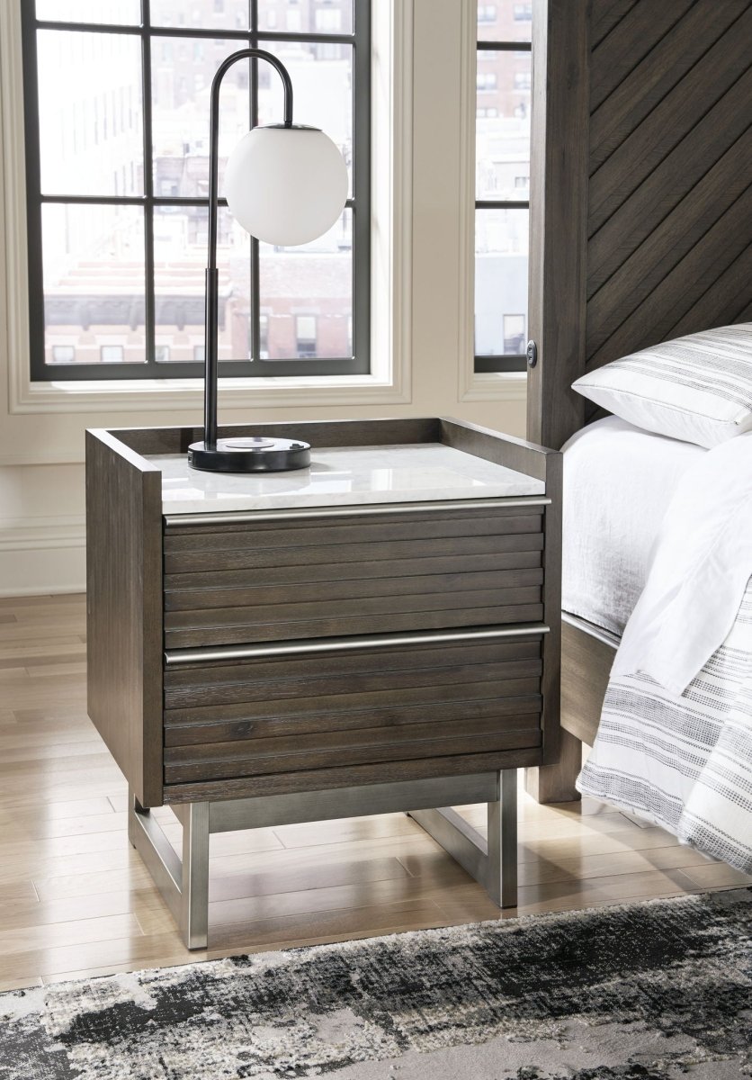 Arkenton - Two Drawer Night Stand - Grayish Brown / White Accent Nightstands by Ashley® - Walls Furniture & Mattress