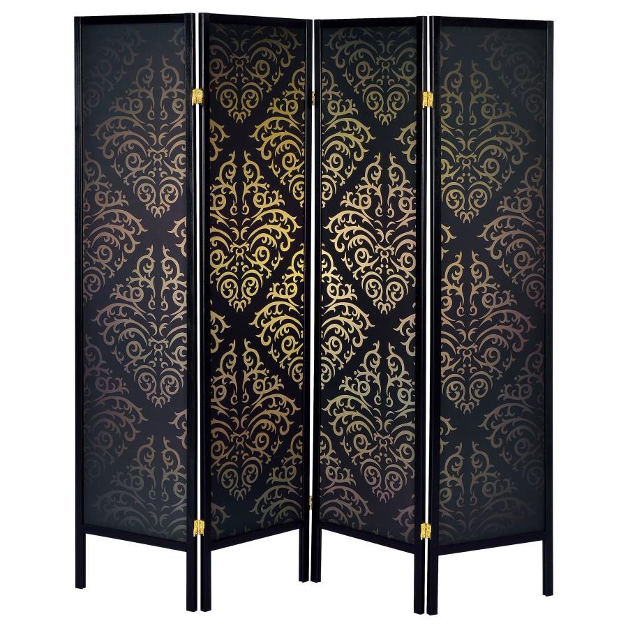 Haidera - 4 - Panel Room Divider Folding Screen - Black Damask Room Dividers by CoasterEveryday - Walls Furniture & Mattress