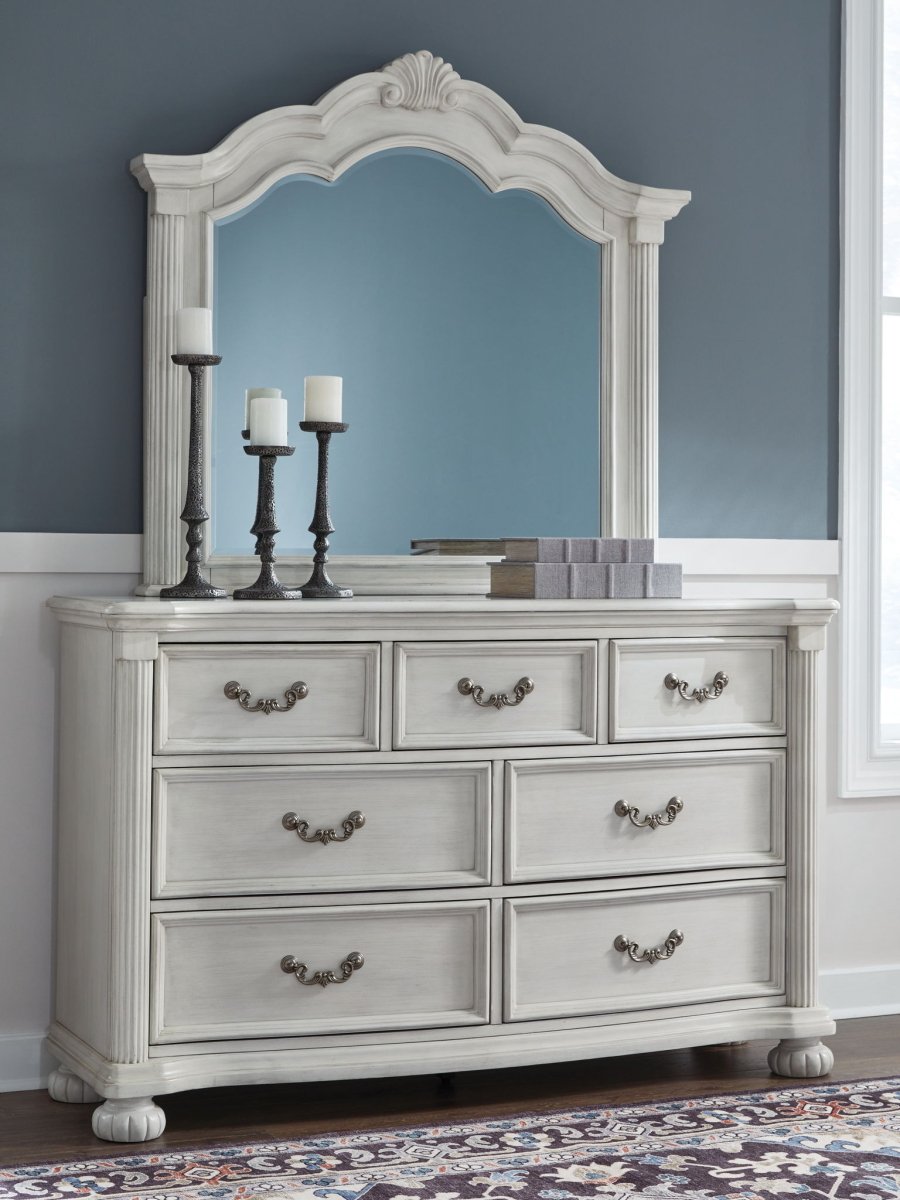 Montelaine - Dresser And Mirror - Antique White Dresser & Mirror by Benchcraft® - Walls Furniture & Mattress