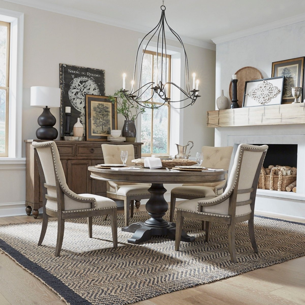 Americana Farmhouse - 5 Piece Pedestal Table Set (Upholstered Shelter Side Chairs) - Light Brown 5 Piece Dining Room Sets by Liberty Furniture - Walls Furniture & Mattress