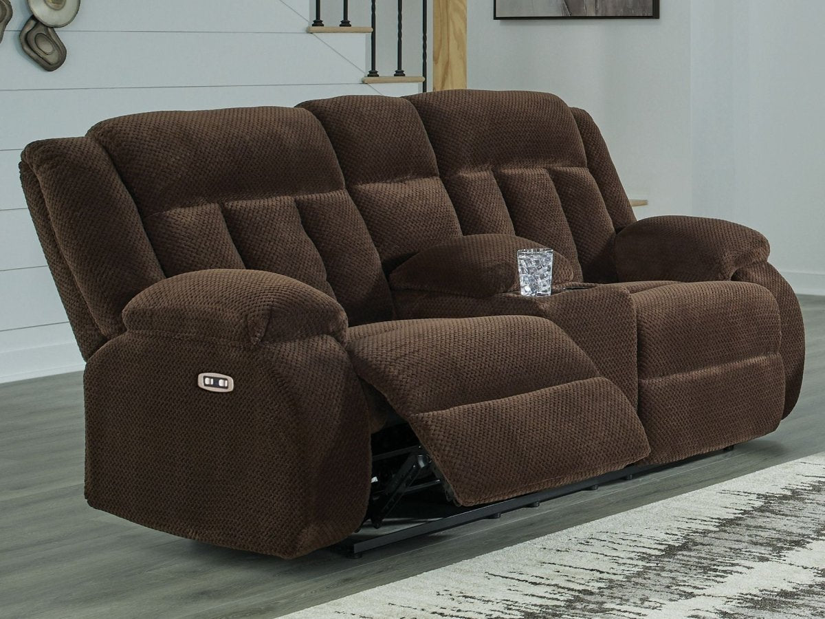 Free Wake - Double Relcining Power Loveseat With Console - Chocolate Reclining Loveseats by Signature Design by Ashley® - Walls Furniture & Mattress