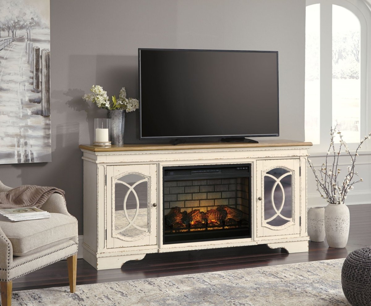 Realyn - 2 Pc. - 74" TV Stand with Electric Infrared Fireplace Insert - Chipped White Fireplace TV Stands by Signature Design by Ashley® - Walls Furniture & Mattress