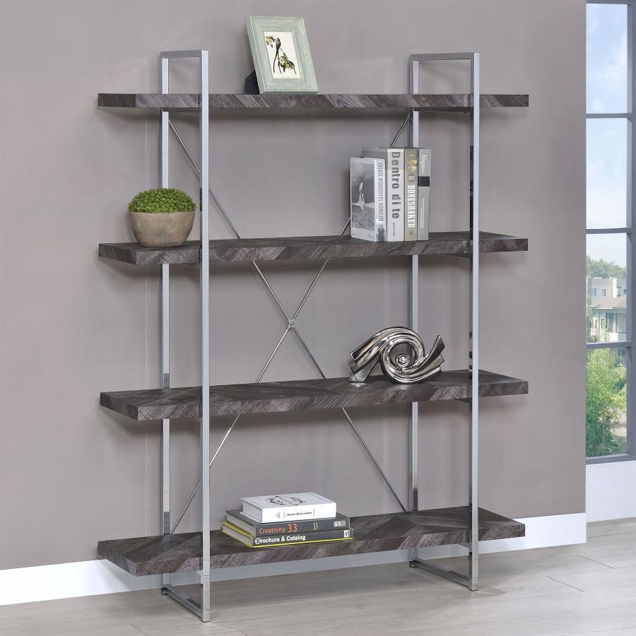 Grimma - 4 - Shelf Bookshelf - Rustic Gray And Chrome Standard Bookcases by CoasterEssence - Walls Furniture & Mattress