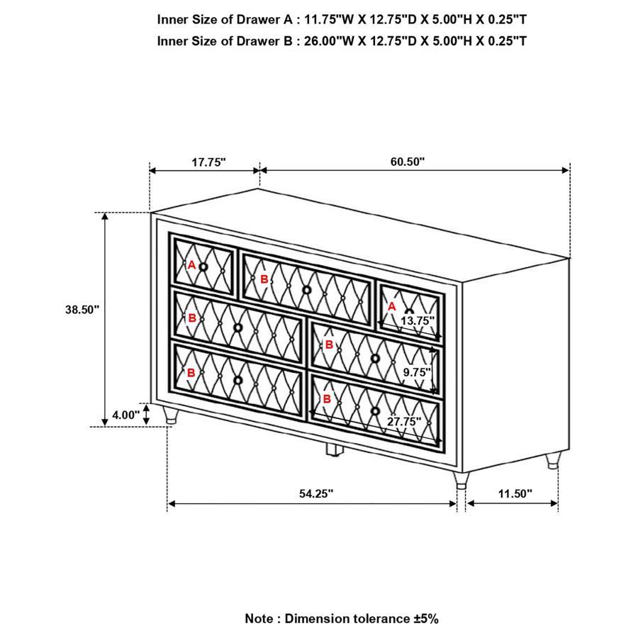 Antonella - 7 - Drawer Upholstered Dresser Dressers by CoasterElevations - Walls Furniture & Mattress
