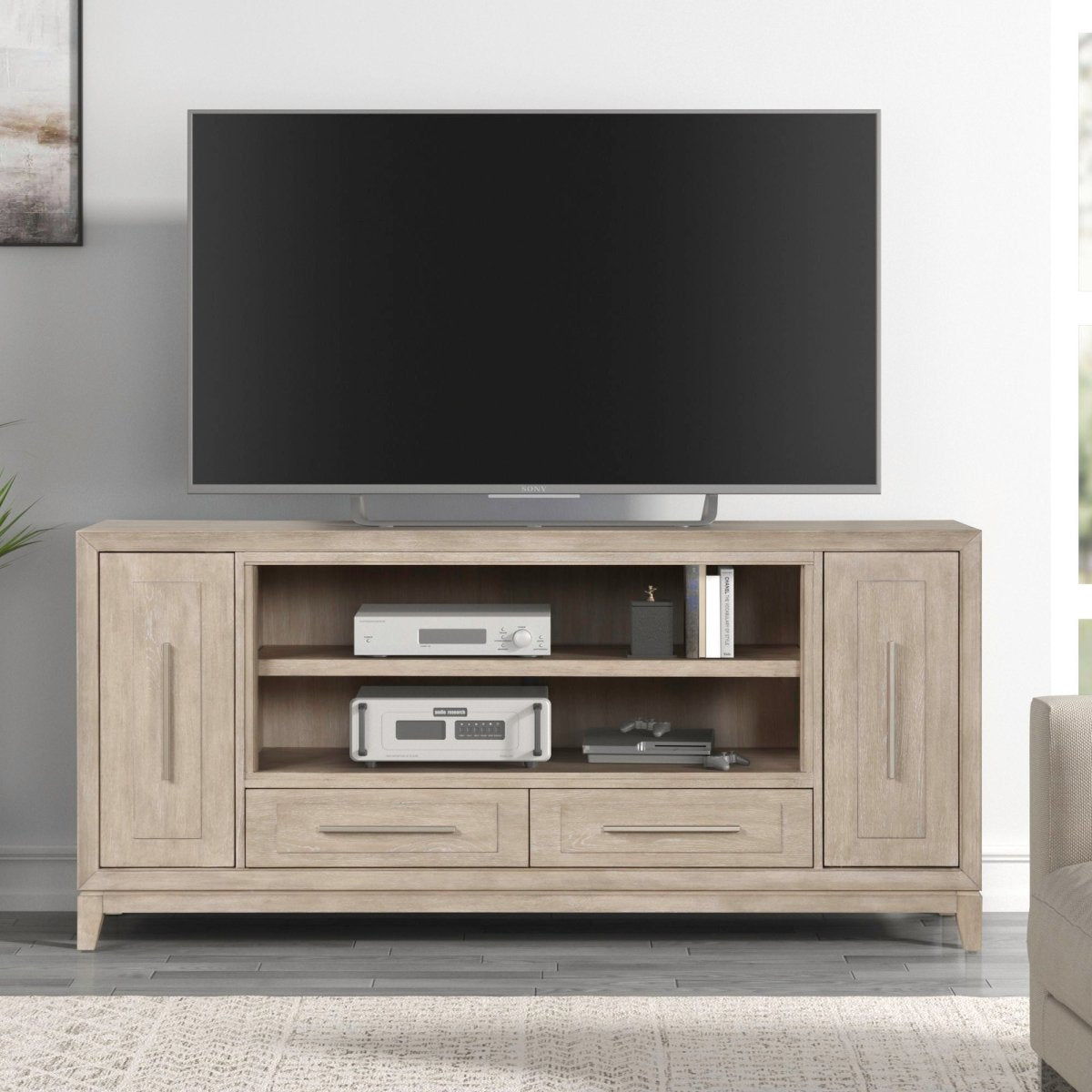 Fireplace TV Consoles - 80" Console With Fire FTS - Light Brown Fireplace TV Stands by Liberty Furniture - Walls Furniture & Mattress