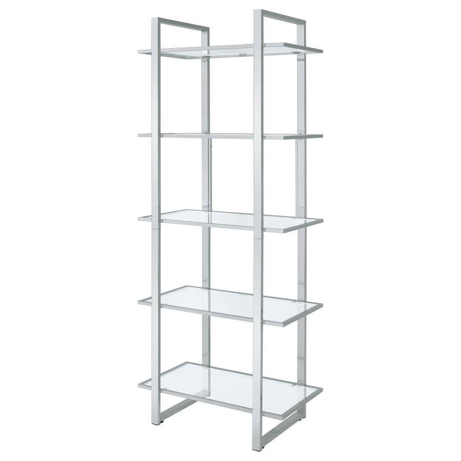 Hartford - 5 - Shelf Glass Bookshelf - Chrome Standard Bookcases by CoasterEssence - Walls Furniture & Mattress