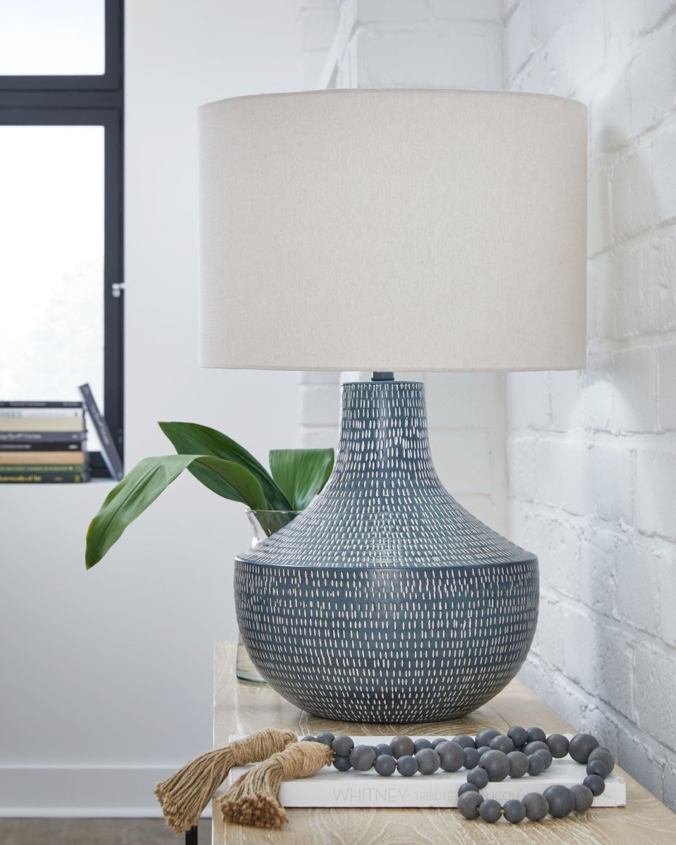 Schylarmont - Metal Table Lamp - Antique Gray / White Table Lamps by Signature Design by Ashley® - Walls Furniture & Mattress