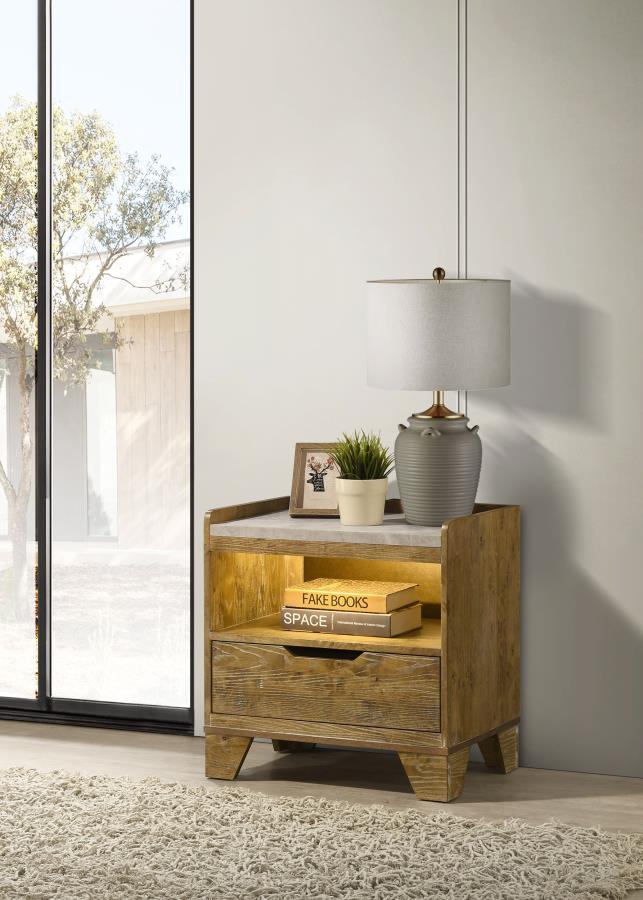 Henderson - 1 - Drawer LED Nightstand Bedside Table - Medium Oak Nightstands w/ Charging Stations by Coaster Fine Furniture - Walls Furniture & Mattress