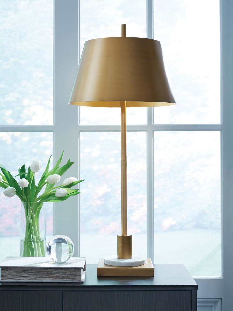 Fritzburn - Metal Table Lamp - Gold Finish / White Table Lamps by Signature Design by Ashley® - Walls Furniture & Mattress