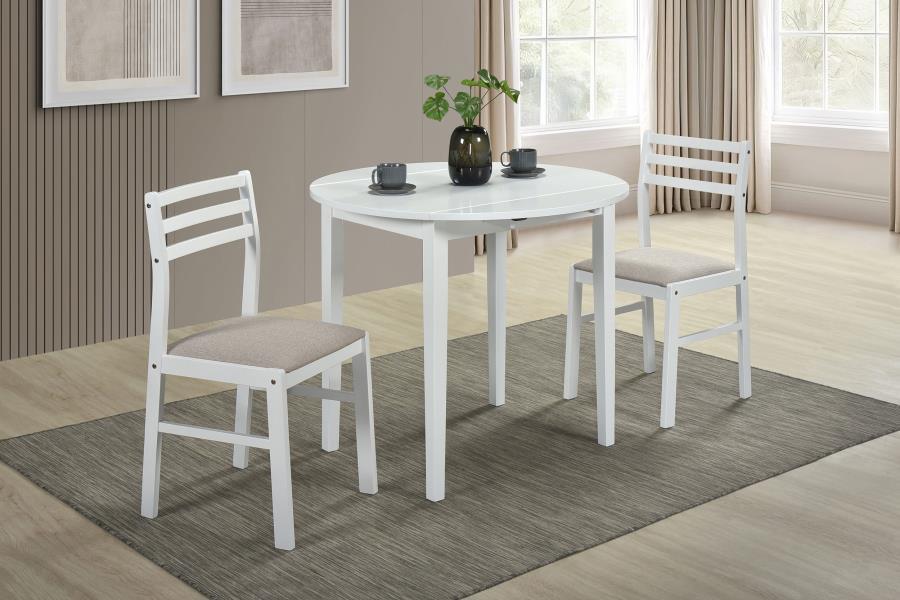 Bucknell - 3 Piece Round Drop Leaf Dining Table Set - White 3 Piece Dining Room Sets by Coaster Fine Furniture - Walls Furniture & Mattress