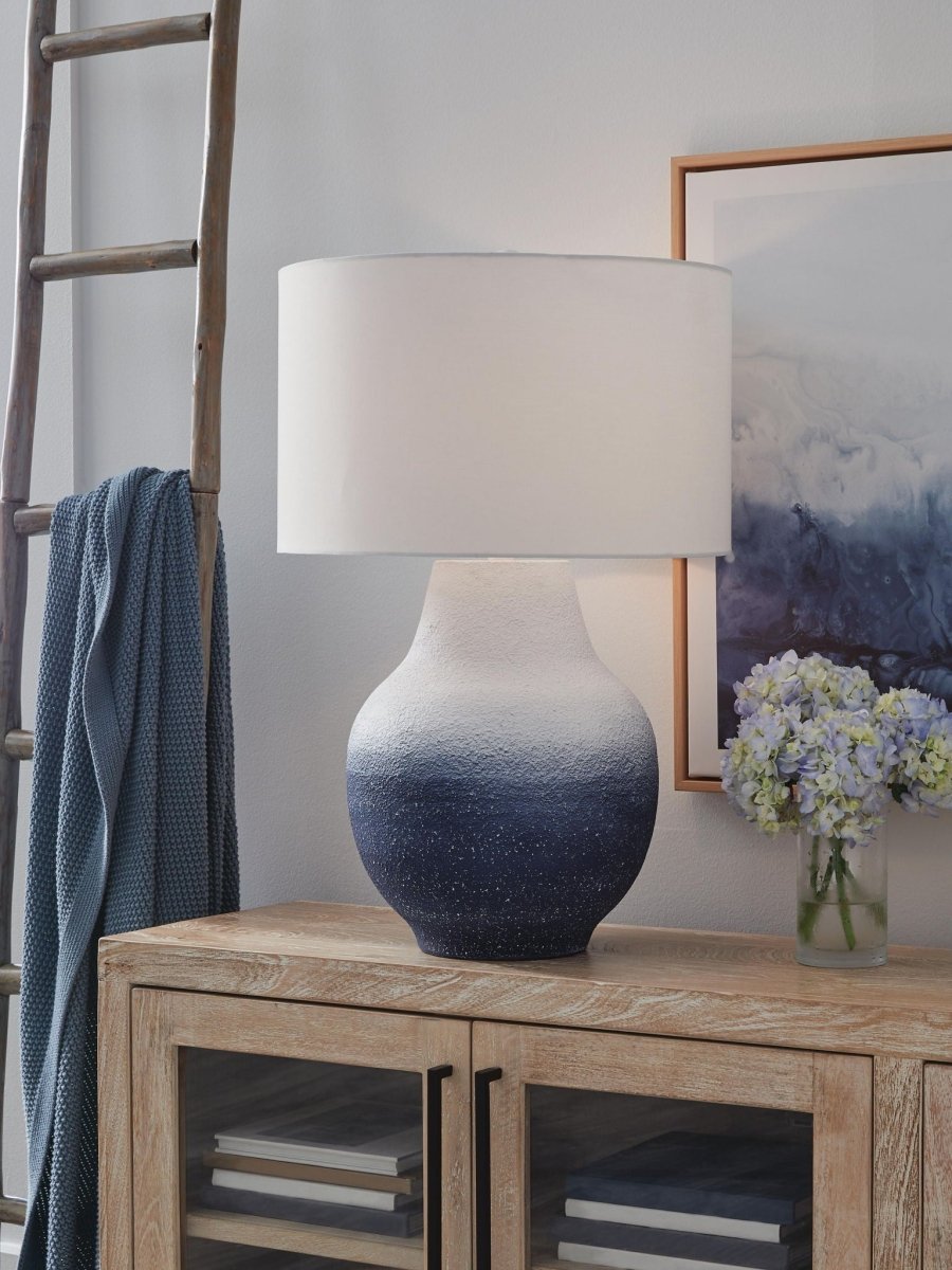 Dashland - Metal Table Lamp - White / Navy Table Lamps by Signature Design by Ashley® - Walls Furniture & Mattress
