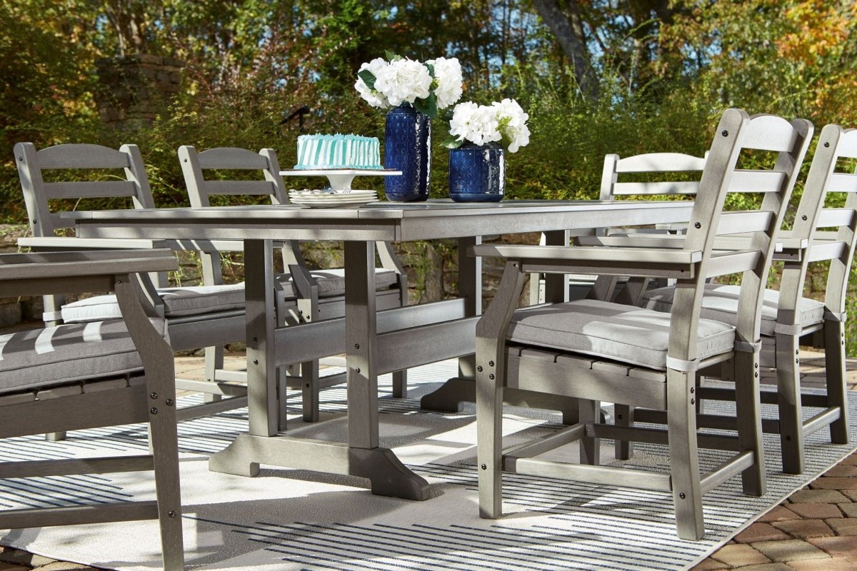 Visola - 7 Pc. - Dining Set with 6 Chairs - Gray 7 Piece Outdoor Sets by Signature Design by Ashley® - Walls Furniture & Mattress