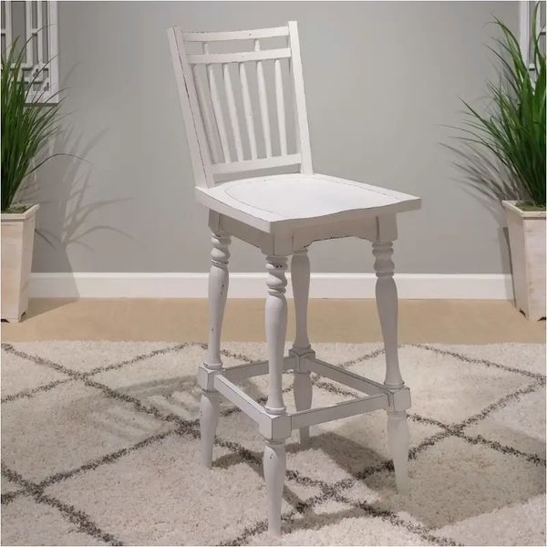 Magnolia Manor - Spindle Back Swivel Bar Stool - Antique White & Weathered Bark Bar Height (28" - 30") by Liberty Furniture - Walls Furniture & Mattress