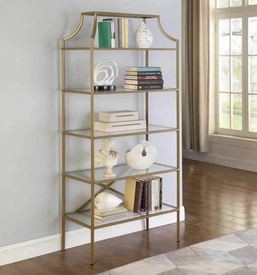 Serena - 5 - Shelf Glass Bookshelf - Gold Standard Bookcases by CoasterEssence - Walls Furniture & Mattress