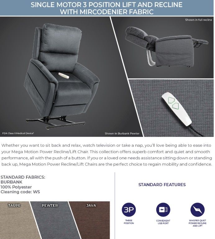 TRIO MEZZO Burbank Taupe Microdenier Fabric 3 Position Lift Chair