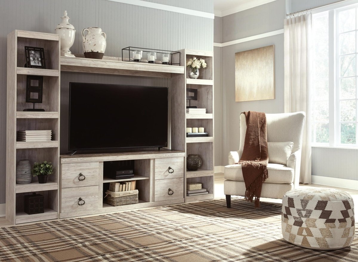 Willowton - 4-Piece Entertainment Center - Whitewash Entertainment Centers by Signature Design by Ashley® - Walls Furniture & Mattress